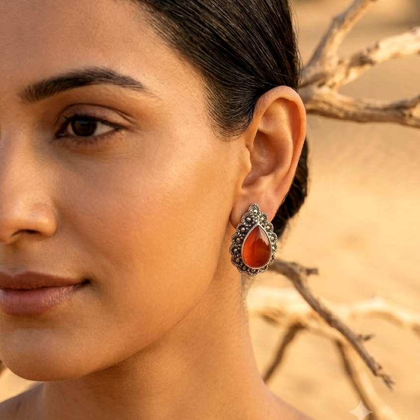 Carnelian And Marcasite Stud Earrings